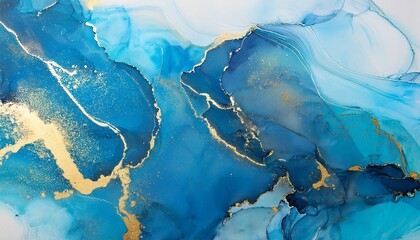 Fototapeta premium abstract alcohol ink painting texture in blue azure tones with golden splashes