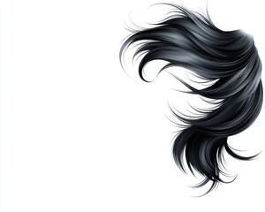 Digital illustration of flowing, dark, glossy hair cascading across a white background, forming a curved shape in the upper right corner. Strands are meticulously detailed with highlights and shadows