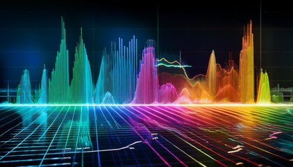 a vibrant digital display shows multiple colorful sound waves and frequency graphs representing audio analysis data visualization and technological interfaces