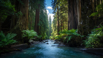 Bright blue river flowing gently through a dense and lush thick redwood rainforest in northern California with tall towering trees and vibrant green foliage