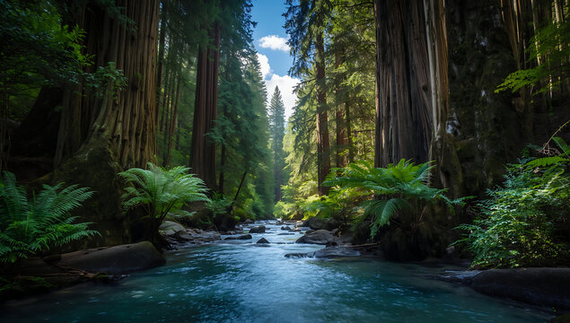Bright blue river flowing gently through a dense and lush thick redwood rainforest in northern California with tall towering trees and vibrant green foliage - Powered by Adobe