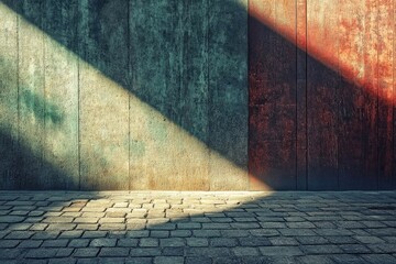 A shaft of sunlight illuminates a textured wall and stone floor creating a strong contrast and geometric patterns.