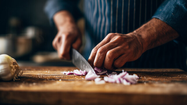 A close-up photo of a chef cutting an onion. Minimal