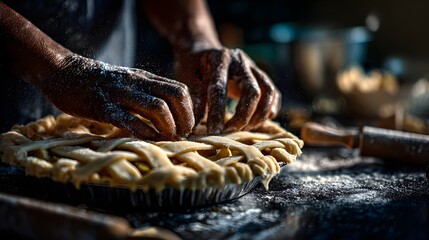 Hands weaving lattice crust on unbaked pie with flour dust in warm kitchen light, perfect for recipe blog, baking guide