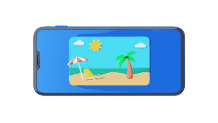 Smartphone screen displaying summer beach scene with palm tree and umbrella vacation travel concept design