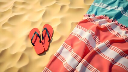Pair of colorful flip flops and a striped beach towel lying on the warm sandy shore under bright sunlight, representing summer vacation and seaside relaxation