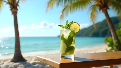 Glass of mojito cocktail with lime slices and fresh mint leaves served on a table by the beach, blending refreshing taste with a scenic seaside atmosphere