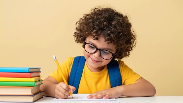 Happy little Brazilian boy with glasses and backpack doing homework