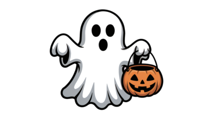 Spooky Halloween ghost carrying jack o lantern pumpkin pail ready for trick or treat fun transparent PNG, isolated background