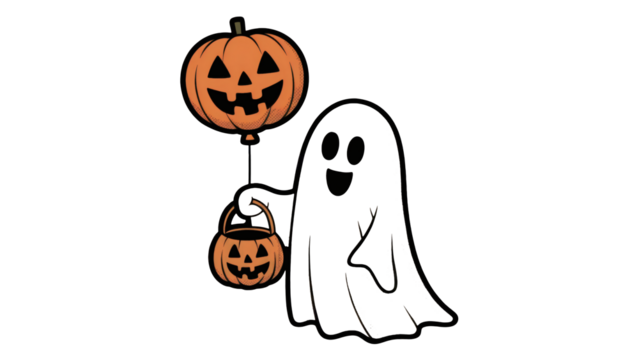 Spooky ghost trick or treating with pumpkin pail and balloon ready for Halloween night fun transparent PNG, isolated background
