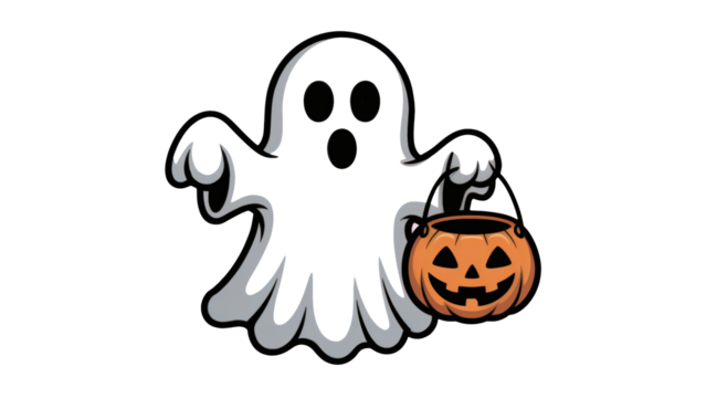 Spooky Halloween ghost carrying jack o lantern pumpkin pail ready for trick or treat fun transparent PNG, isolated background