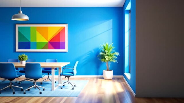 Conference Room with Royal Blue Walls Wood Floors a Light Beige Table and Blue Swivel Chairs and a Large Colorful Geometric Print in the Background