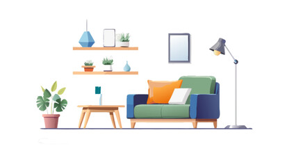 Living room interior design with sofa, plants, shelves, and lamp for home decor inspiration ideas