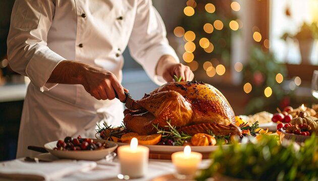 Professional chef carving a golden roasted turkey for a festive Christmas or Thanksgiving holiday dinner
