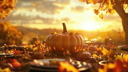 Autumnal table with pumpkin centerpiece surrounded by colorful leaves at sunset, thanksgiving day celebration concept