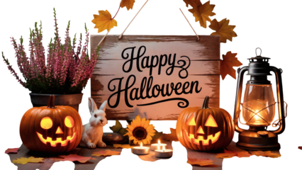 Happy Halloween pumpkins and decor for spooky season celebrations and festive autumn home decorations transparent PNG, isolated background