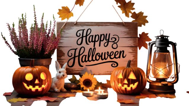 Happy Halloween pumpkins and decor for spooky season celebrations and festive autumn home decorations transparent PNG, isolated background