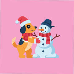 A cheerful cartoon image shows a dog wearing a Santa hat and red scarf happily hugging a snowman dressed with a bucket hat and scarf.