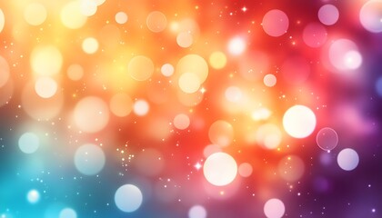 This is a vibrant and colorful abstract background featuring large bokeh circles and small sparkling particles against a gradient of red, orange, and blue hues.
