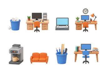 3d icon of office and home workspace icons, including computers, desks, chairs, laptop, coffee machine, sofa, and office supplies, isolated on transparent background