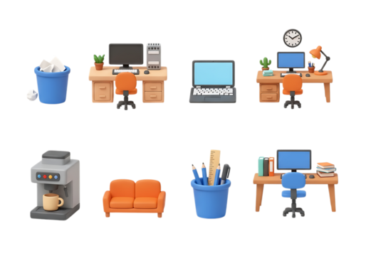 3d icon of office and home workspace icons, including computers, desks, chairs, laptop, coffee machine, sofa, and office supplies, isolated on transparent background