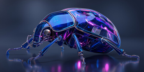 Futuristic beetle with glowing neon blue and purple exoskeleton, sleek metallic textures, dark background with soft light reflections