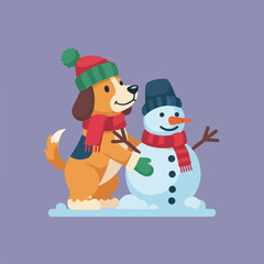 A cartoon dog in a red scarf and hat is building a snowman with a carrot nose, hat, scarf and stick arms on a light purple background.