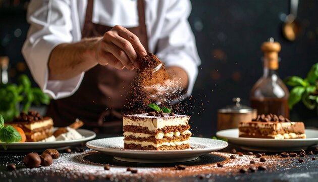 Chef Garnishing a Delicious Tiramisu Dessert with Cocoa Powder in a Cozy Kitchen Setting