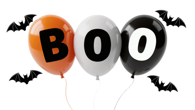 Spooky Halloween fun with orange, white, black balloons spelling BOO and cute bats for festive designs transparent PNG, isolated background