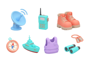 3d icon of collection of outdoor and survival gear including satellite dish, radio, boots, compass, boat, vest, binoculars, and dog tags, isolated on transparent background