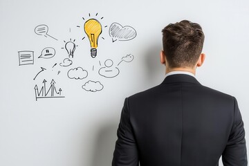 A businessman in a suit stands facing a whiteboard with various drawn icons, focusing on a glowing light bulb representing an idea or innovation.