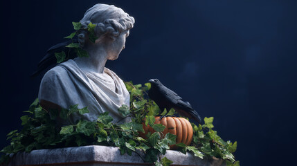 Fototapeta premium Statue in Ivy with Crows and Pumpkin in Misty Courtyard Night