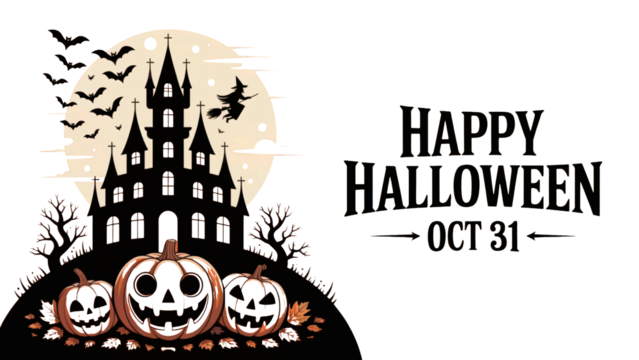 Spooky Halloween night with haunted house, pumpkins, and witch flying across the moon transparent PNG, isolated background
