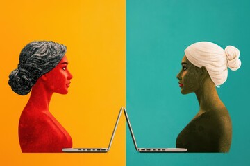 Two women with contrasting skin tones and hairstyles face each other, separated by contrasting colored backgrounds, each using a laptop, symbolizing communication or connection.