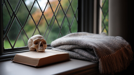 Gothic Window Seat with Skull and Book in Dark Academia Theme
