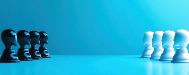 Two opposing rows of black and white chess pawns face each other on a reflective blue surface, symbolizing confrontation or competition.