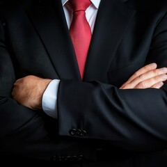 A man in a black suit and red tie stands confidently with arms crossed, showcasing professionalism and authority.