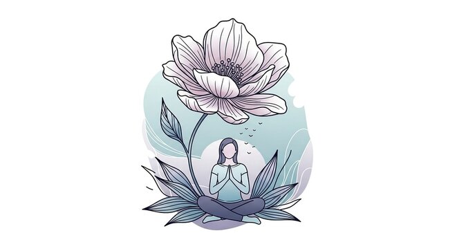 Concepto de salud mental y mindfulness con flor de loto que florece desde la mente, figura serena en postura de loto y ondas pastel; equilibrio, autocuidado y alivio del estr&eacute;s para bienestar