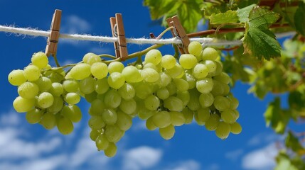 fresh green grapes hanging on clothesline against blue sky with white clouds