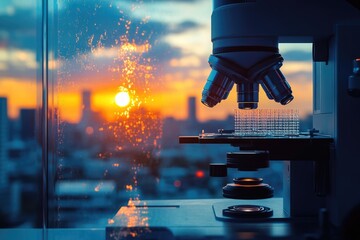 Microscope in a lab overlooking a cityscape during a vibrant sunset, symbolizing scientific research and innovation in an urban setting.