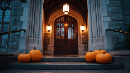 Obraz premium Gothic Gatehouse with Lantern and Pumpkins for Halloween Night