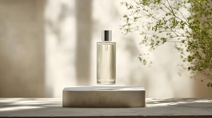 Floating mockup of skin toner spray bottle with silver cap is elegantly displayed on minimalist platform. Soft natural light and delicate greenery create serene atmosphere