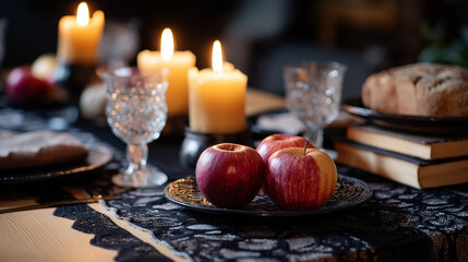 Long Table Feast with Apples Bread Candles and Dark Academia Books