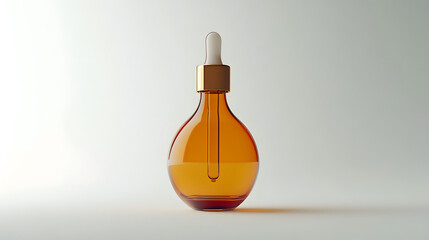 Glowing golden oil dropper bottle with sleek design stands elegantly against neutral background, exuding luxury and sophistication. bottle rich amber hue and minimalist style create sense of calm