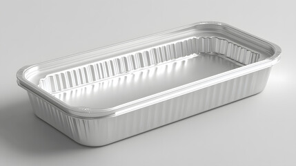 Rectangular aluminum food container with ribbed design is shown on plain background. container is open, highlighting its shiny metallic surface, ideal for storing or serving food