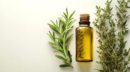 Glass bottle of natural oil with cork stopper is placed next to fresh rosemary and thyme on light background, evoking sense of purity and nature