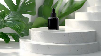 Sleek black dropper bottle sits elegantly on white stone pedestal surrounded by lush green leaves, creating luxurious and natural ambiance