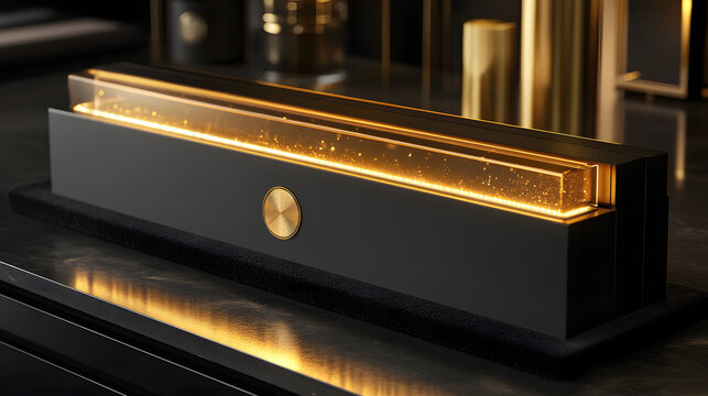 Sleek black and gold decorative box with glowing top sits elegantly on dark surface, exuding luxury and sophistication. ambient lighting highlights its modern design and opulent finish