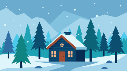 Naklejka premium Cozy cabin nestled in a snowy forest with mountains in the background