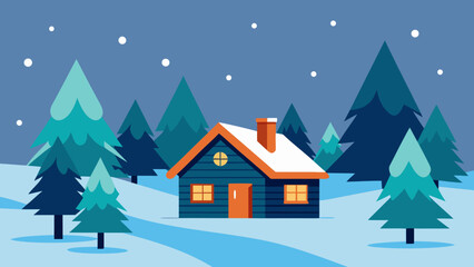 Naklejka premium Cozy blue cabin surrounded by snow covered pine trees at night